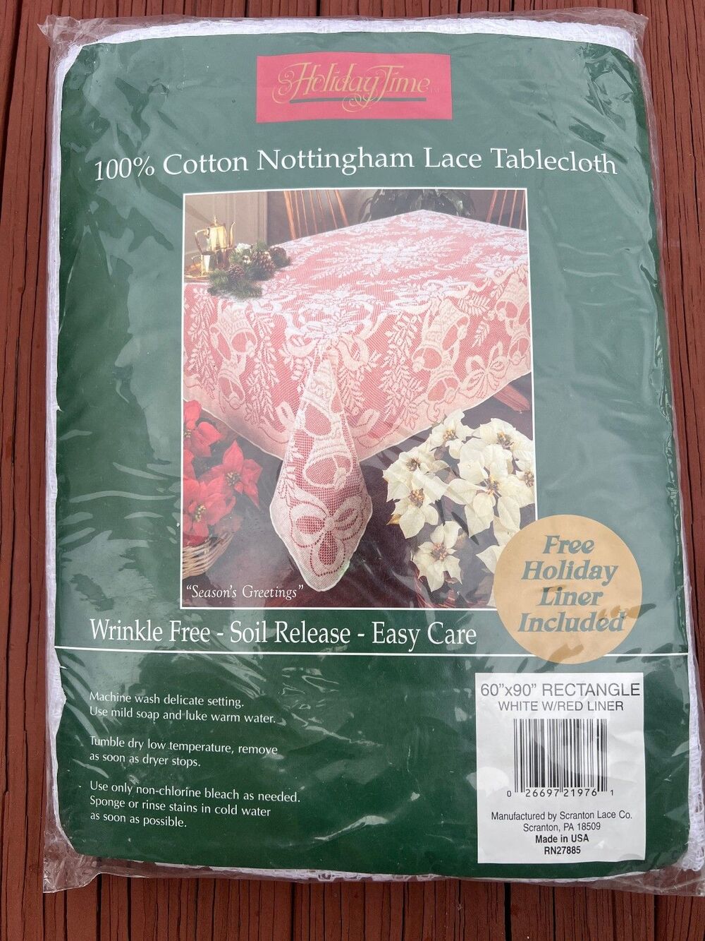 Vintage Holiday Time Cotton Nottingham Lace Tablecloth with Red Liner  60” X 90”